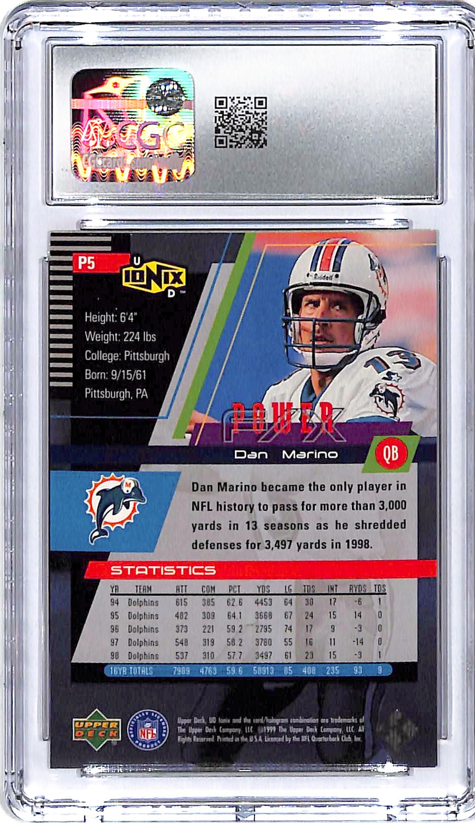 1999 Upper Deck ionic Dan Marino Power F/X P5 CGC 9.5 Dolphins