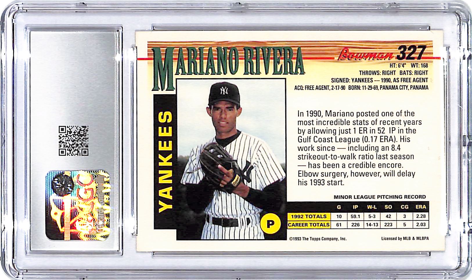 1993 Bowman Mariano Rivera Rookie RC #327 CGC 9.5 Yankees