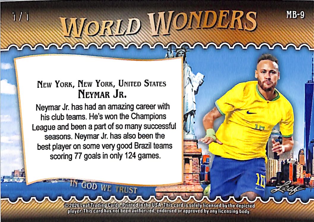 2026 Leaf World Wonders Neymar Jr Gold Venal Superfractor 1/1 1 of 1 Brazil