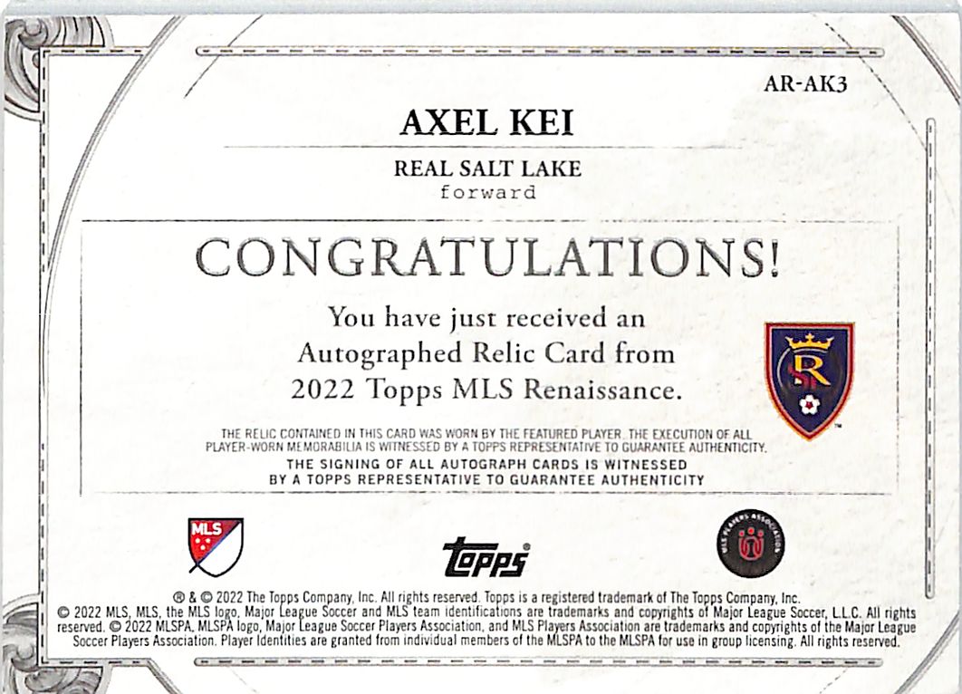 2022 Topps MLS Renaissance Axel Rei Auto Autograph Rookie RC Patch Real Salt Lake /20