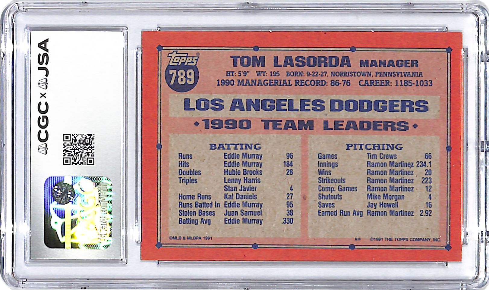 1991 Topps Tommy Lasorda Auto Autograph CGC Authentic Dodgers