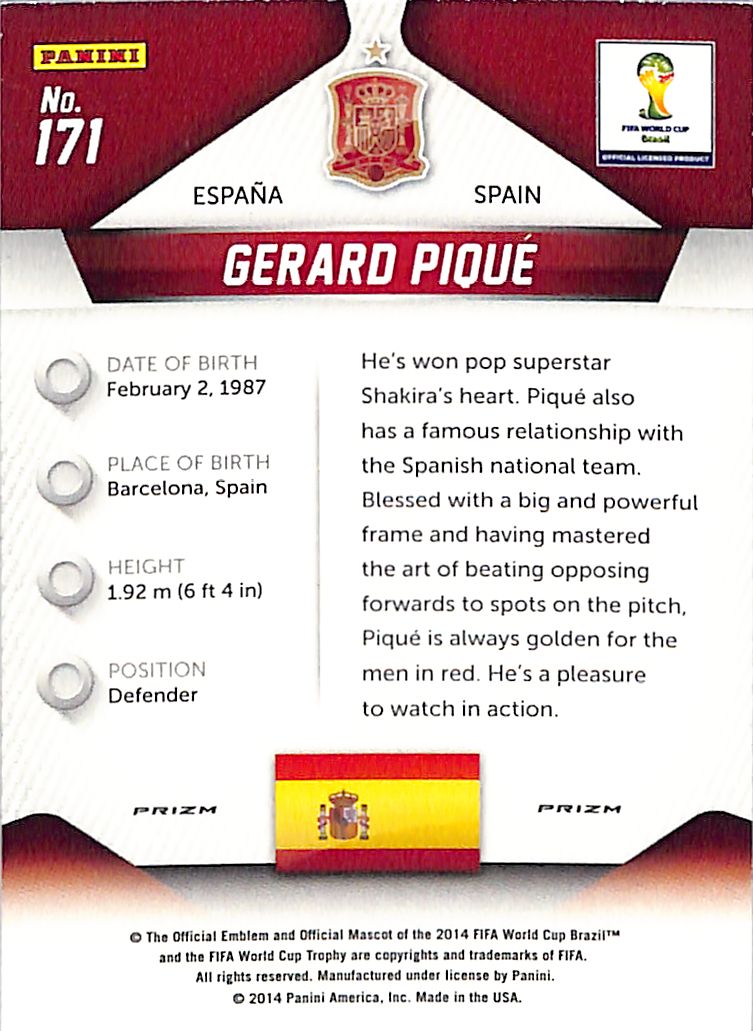 2014 Prizm World Cup Gerard Pique Red White Blue Wave #171 Spain