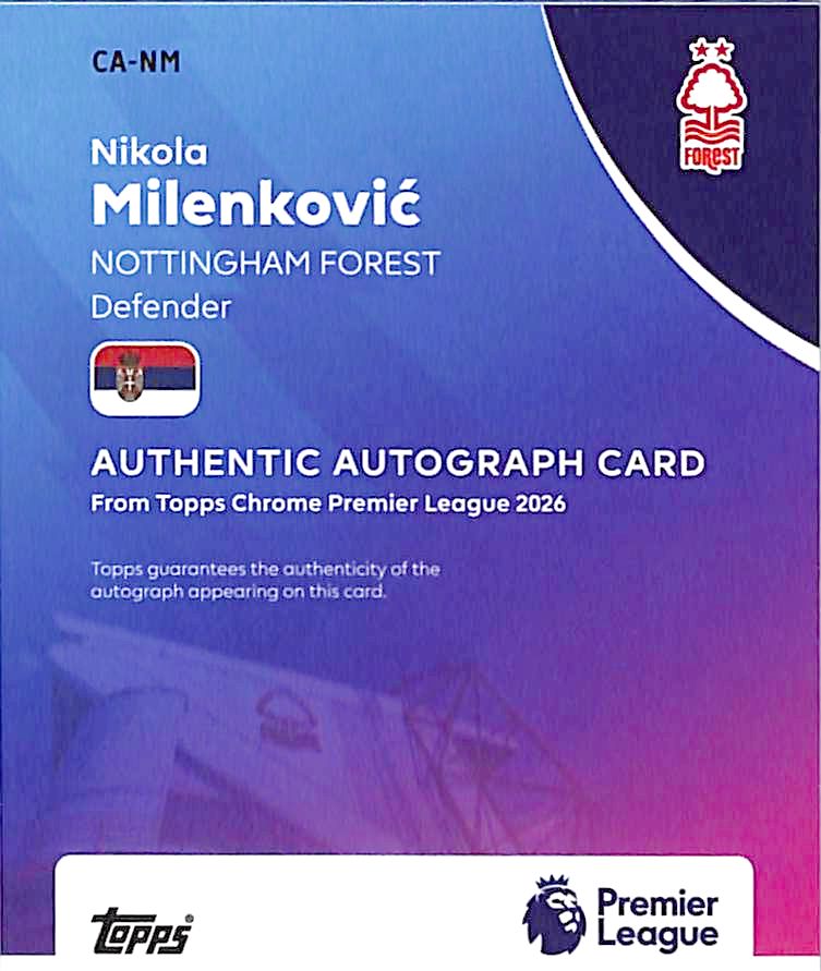 2026 Topps Chrome Premier League Nikola Milenkovic Auto Autograph Blue Refractor /150
