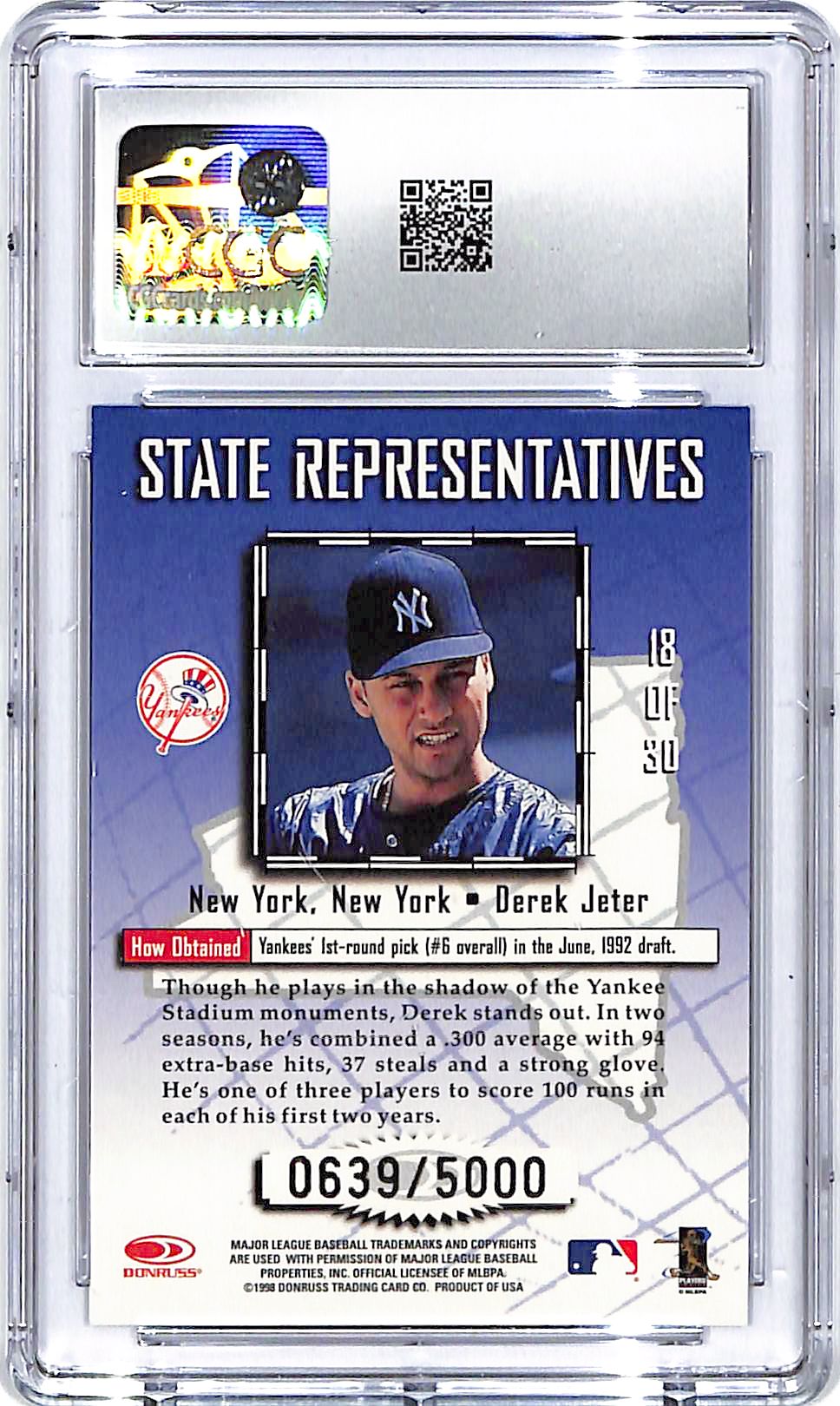 1998 Leaf Derek Jeter State Representatives /5000 CGC 9.5 Yankees