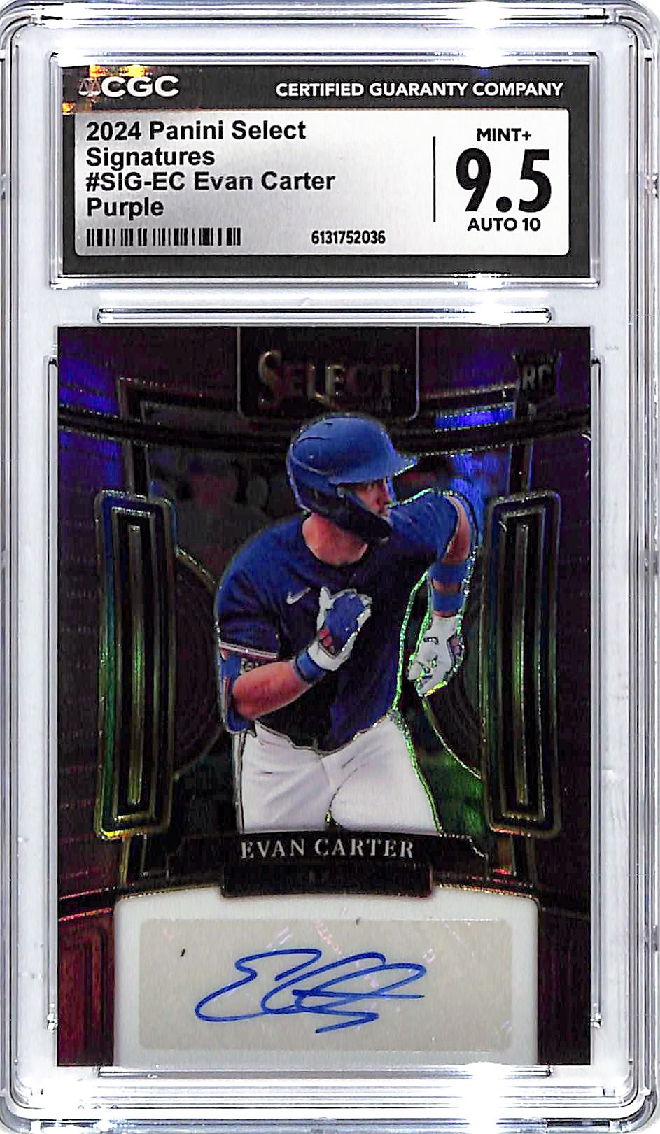 2024 Select Evan Carter Signatures Auto Autograph Purple Rookie /35 CGC 9.5