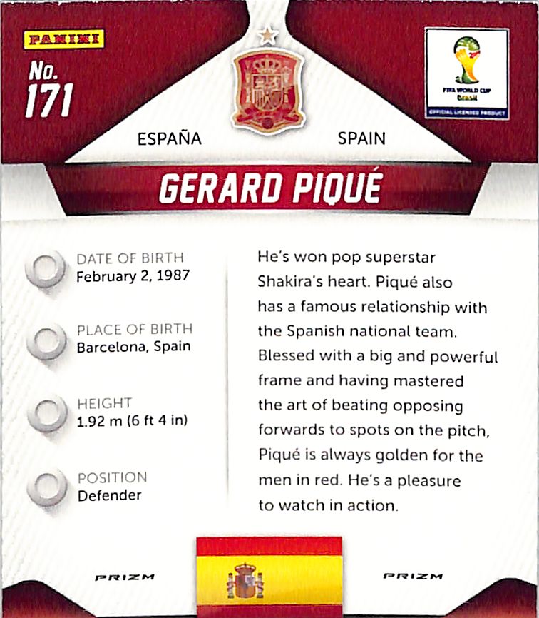 2014 Prizm World Cup Gerard Pique Red White Blue Wave #171 Spain