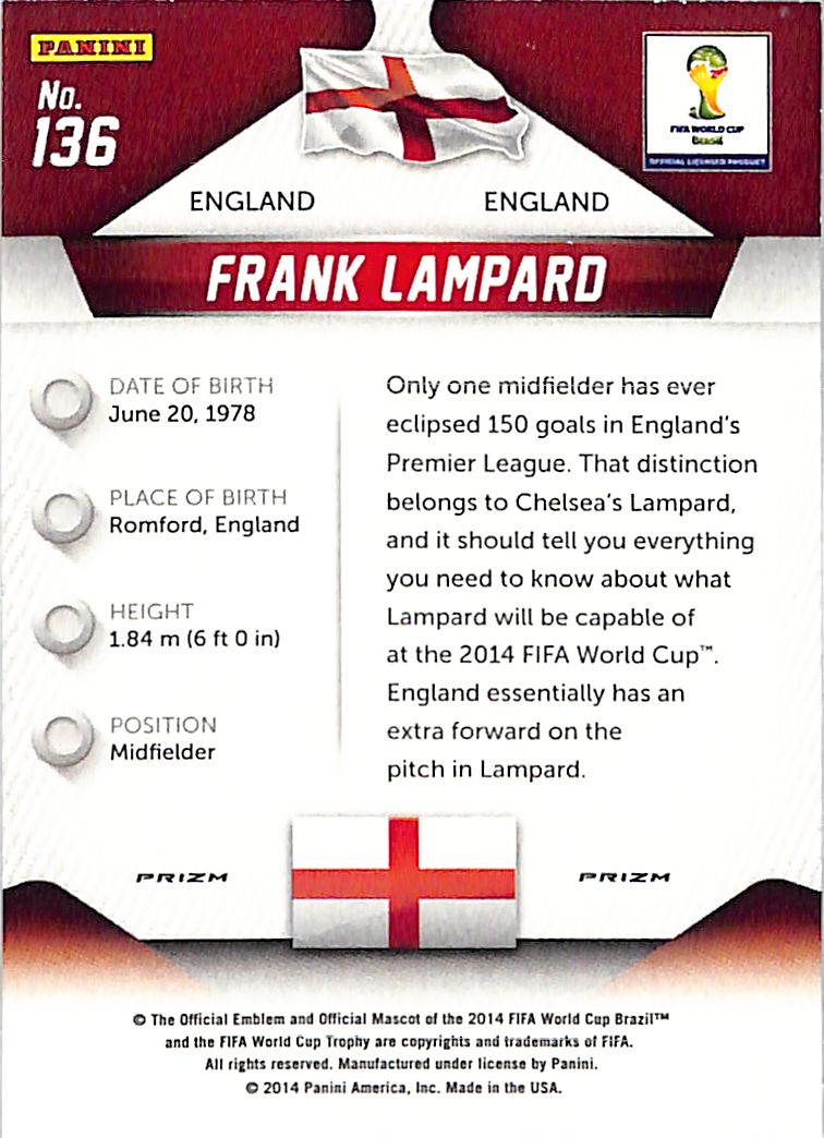 2014 Prizm World Cup FranK Lampard Red Yellow Pulsar #136 England