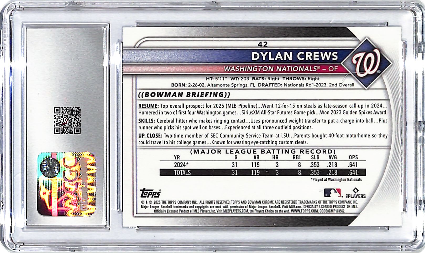 2025 Bowman Chrome Dylan Crews Mega Box Mojo Purple Rookie Refractor /250 CGC 10