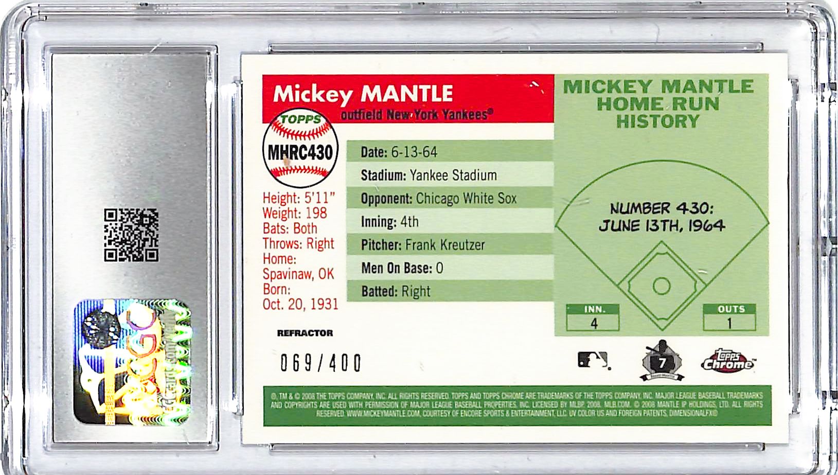 2006 Topps Chrome Mickey Mantle Home Run History Refractor /400 CGC 10 Yankees