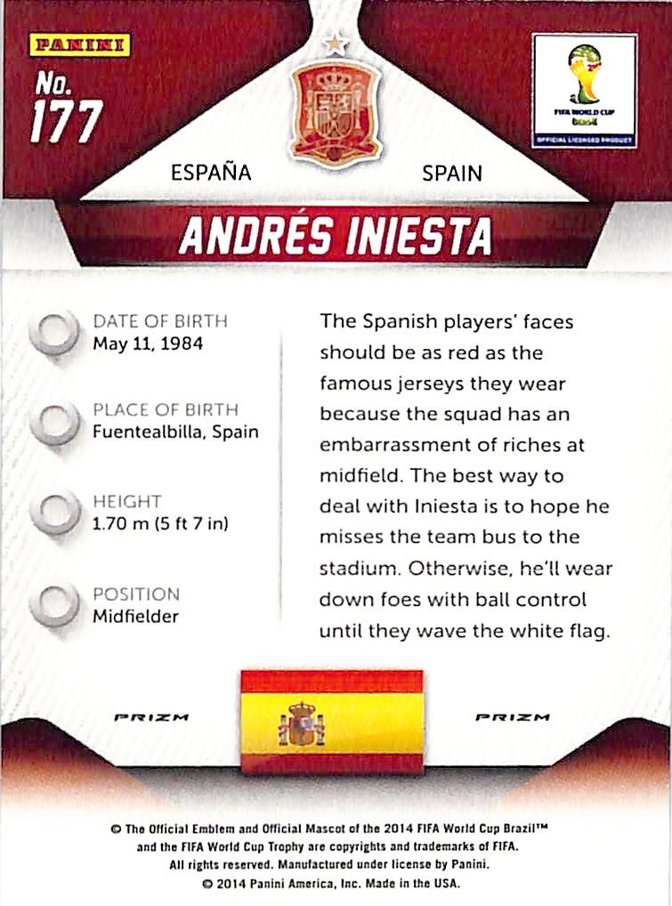 2014 Prizm World Cup Andres Iniesta Silver Prizm #177 Spain